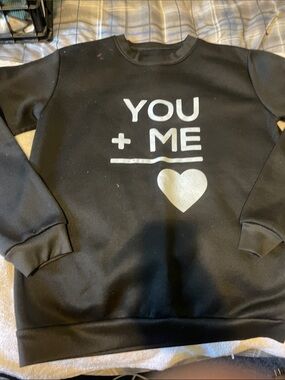 SHEIN Black Crewneck Sweater with White "YOU + ME" Heart Graphic